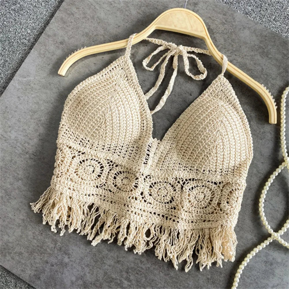 Women's Boho Fringe Backless Halter Tie Neck Underwear Outerwear with Neck Hanging Embroidery Tassel Suspender Vest Short Tan