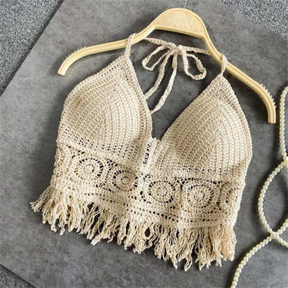 Women's Boho Fringe Backless Halter Tie Neck Underwear Outerwear with Neck Hanging Embroidery Tassel Suspender Vest Short Tan