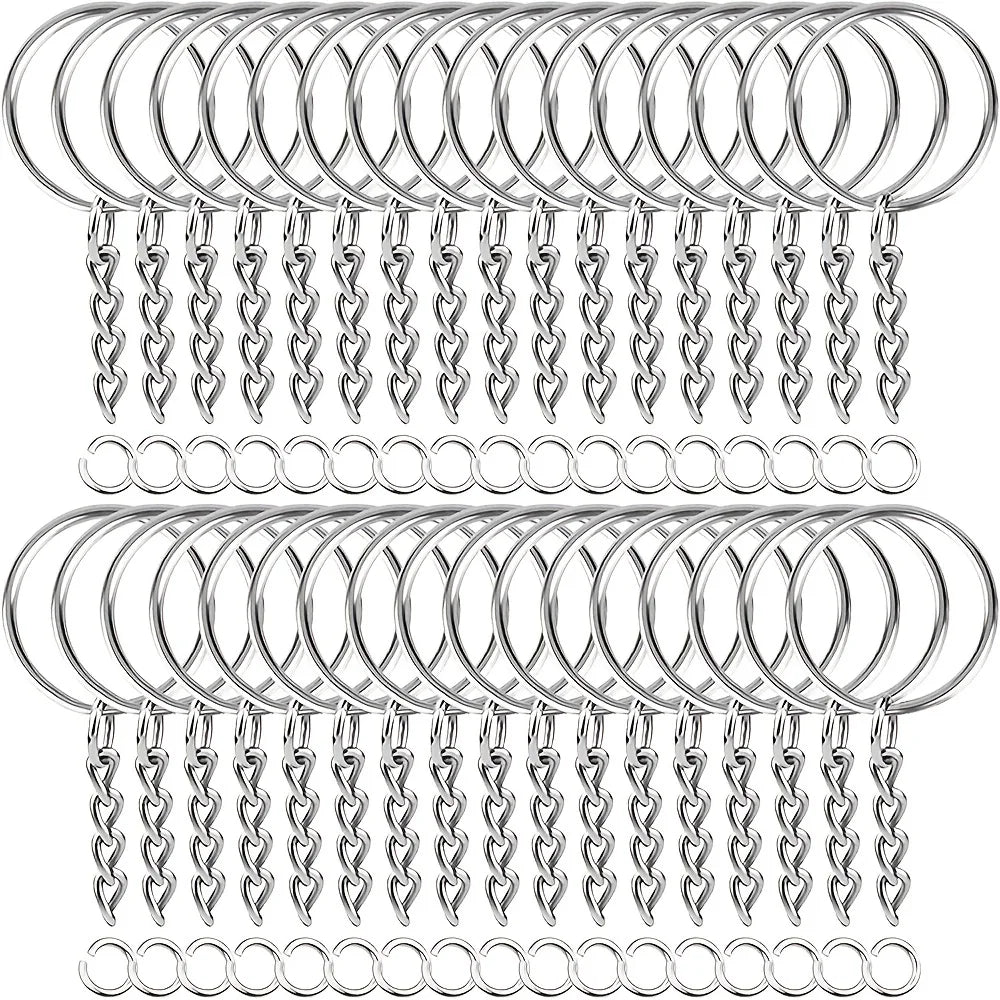 30pcs Silver Plated Metal Blank Keyring Keychain Split Key Ring with Chain Climbing Buckles Carabiner Keychain Rings Accessor