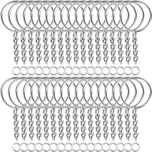 30pcs Silver Plated Metal Blank Keyring Keychain Split Key Ring with Chain Climbing Buckles Carabiner Keychain Rings Accessor