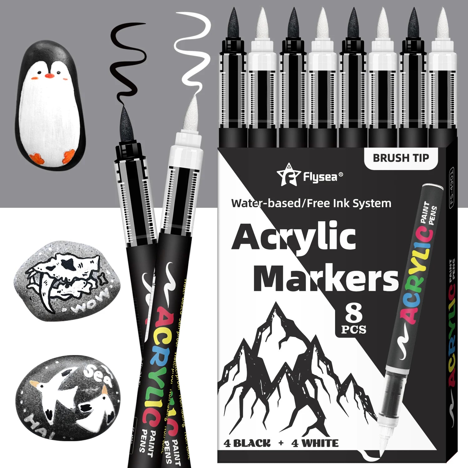 8pcs Black and White Acrylic Paint Markers Set, Large Ink Capacity, Acrylic Markers for Illustration Sketching, Wood, Glass, 