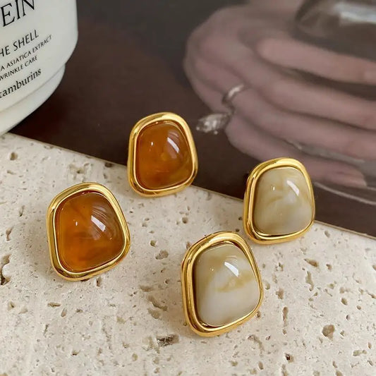 Vintage Coffee Color Square Resin Stud Earrings for Women Girls Fashion Metal Irregular Geometric Earrings Jewelry 2025 Trend