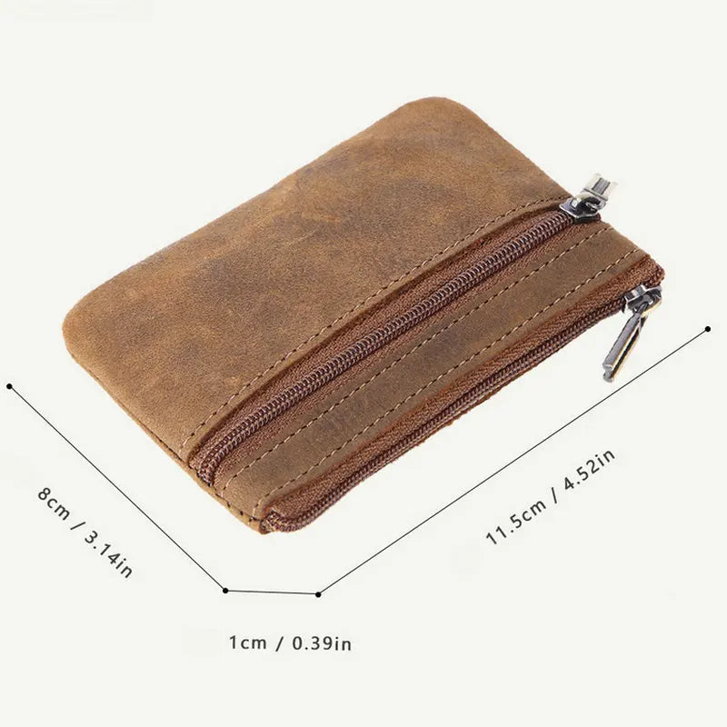 Retro Genuine Leather Coin Purse with Keychain for Men & Women Cowhide Zipper Coin Wallet Vintage Key Holder