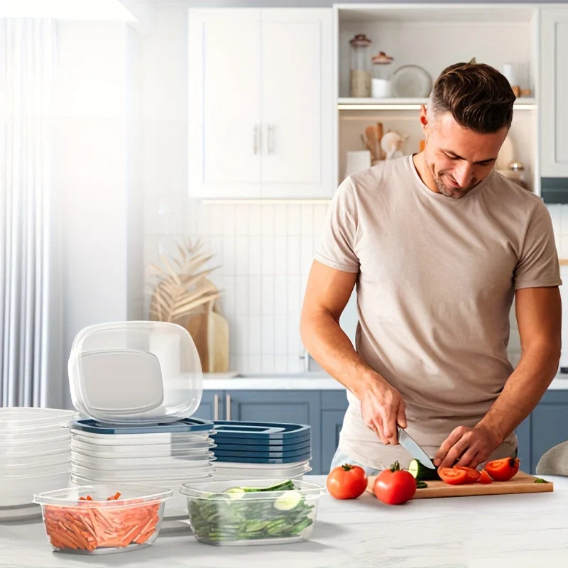 A Set of 6 Transparent Stackable Plastic Food Storage Containers with Blue Lids and Measurement Markings—Reusable, Dishwasher