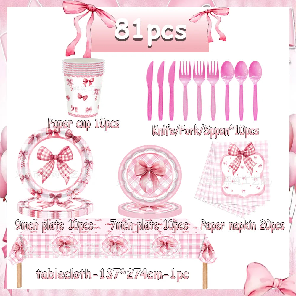 birthday party supplies, Pink Bow Birthday Party Set, personalized birthday decorations, custom birthday banner, party favors