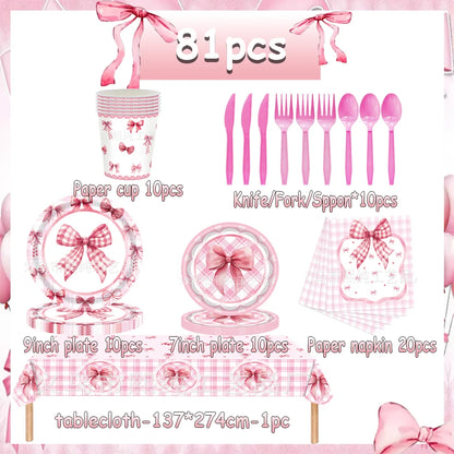 birthday party supplies, Pink Bow Birthday Party Set, personalized birthday decorations, custom birthday banner, party favors