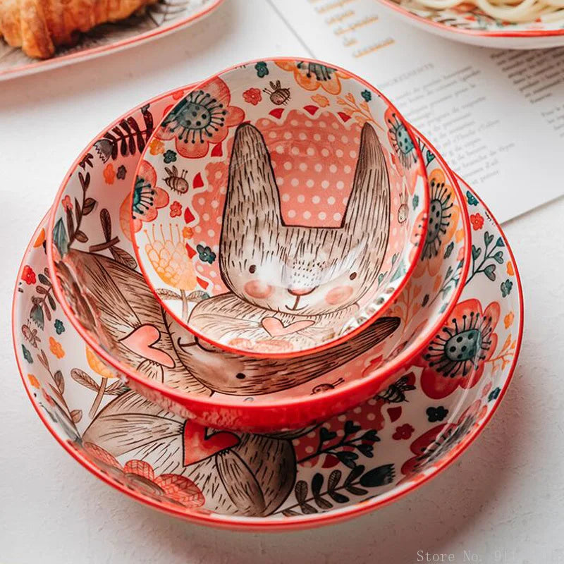 1pc/cute rabbit hand-painted bowl and plate underglaze ceramic household soup bowl commercial hotel noodle bowl fruit salad b
