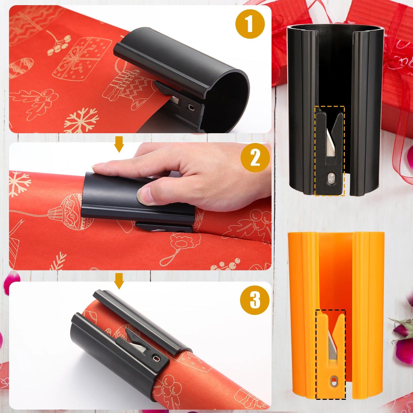 HORN Sliding Wrapping Paper Cutter - Easy-Glide Gift Wrap Trimmer for Christmas & Birthdays, Durable ABS，, Orange/Black