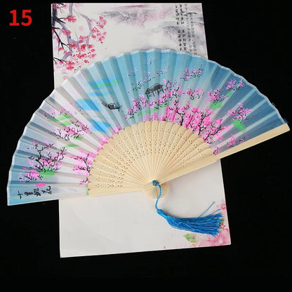 1Pc Vintage Silk Folding Fan Retro Chinese Japanese Bamboo Folding Fan Tassel Dance Hand Fan Home Decoration Ornament Craft G