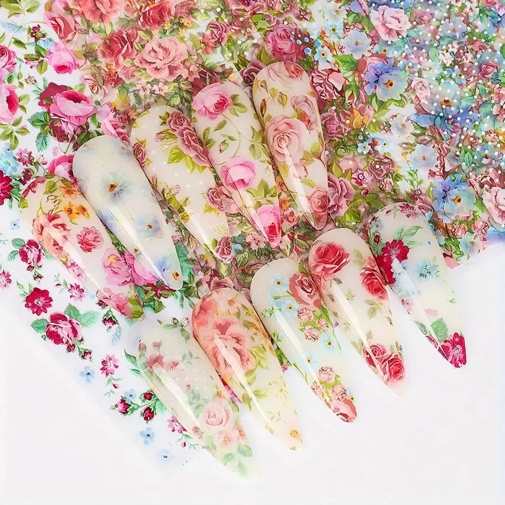 10PCS Mixed Nail Art Foils Transfer Sticker Set Rose Flower Designs Floral Starry Sky Nail Wraps Wedding Summer Manicure Deco