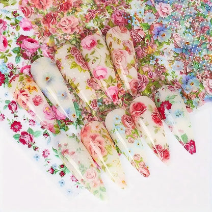10PCS Mixed Nail Art Foils Transfer Sticker Set Rose Flower Designs Floral Starry Sky Nail Wraps Wedding Summer Manicure Deco