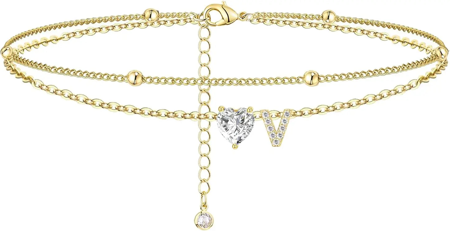 Ankle Bracelets for Women Waterproof 14K Gold Plated CZ Initial Dainty Layered Heart Anklets Foot Chain Summer Beach Jewelry