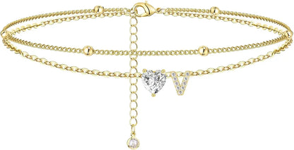 Ankle Bracelets for Women Waterproof 14K Gold Plated CZ Initial Dainty Layered Heart Anklets Foot Chain Summer Beach Jewelry 