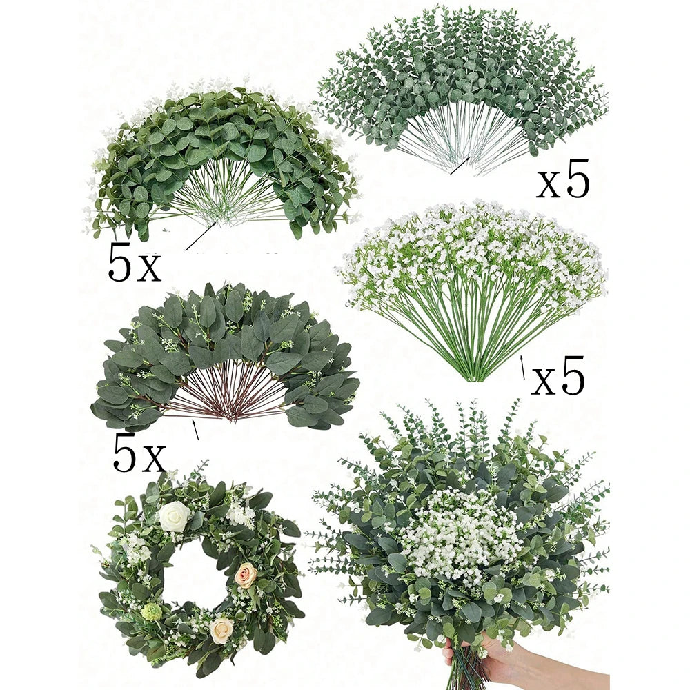 20pcs Eucalyptus Leaves Stems Artificial Plant Bouquet Fake Flowers for Home Decor DIY Floral Arrangement Wedding Decoration