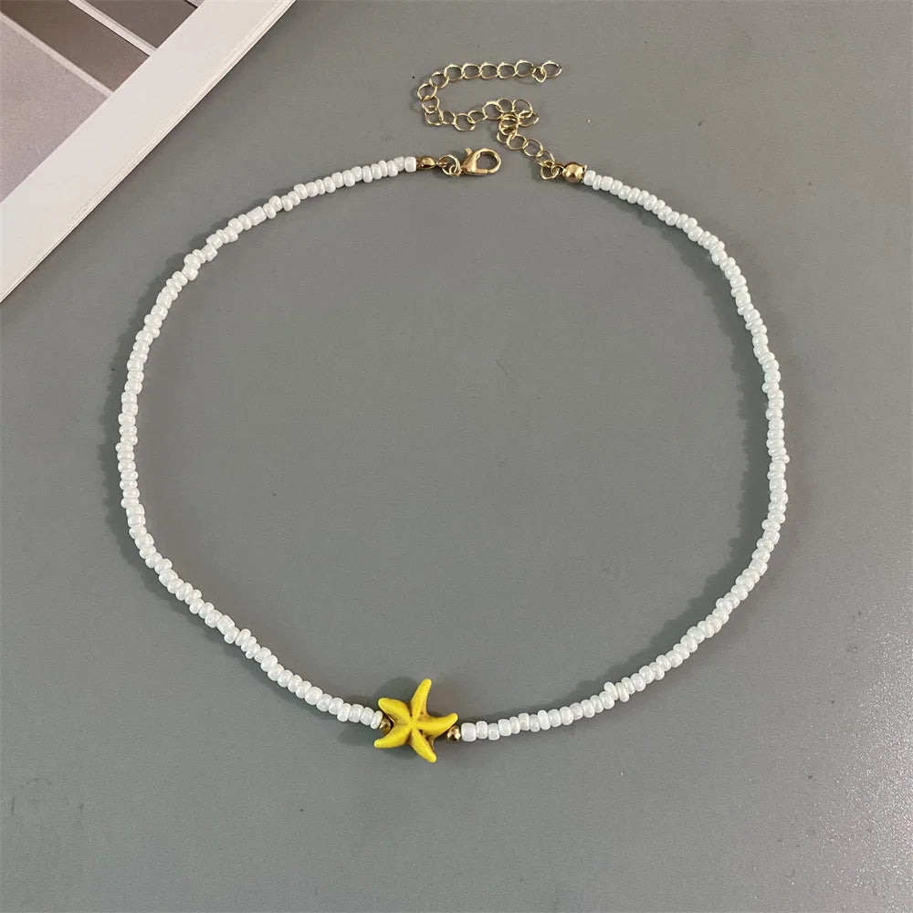 Shell Starfish Woman Short Necklace Summer Holiday Gift Handmade Choker Seed Beads Neck Jewelry White - E