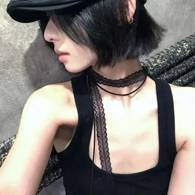 Black White Lace Necklace Versatile Long Ribbon Layered Clavicle Chain Choker for Woman Girls Daily Wear Neck Decoration Jewe
