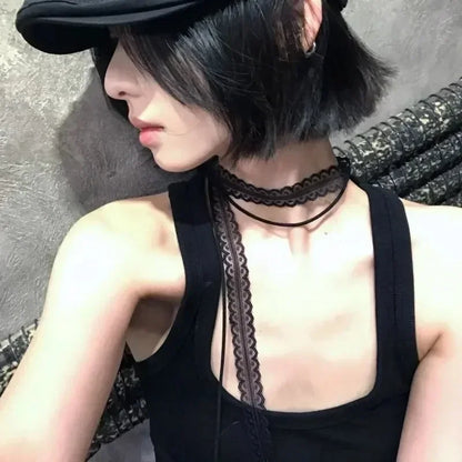 Black White Lace Necklace Versatile Long Ribbon Layered Clavicle Chain Choker for Woman Girls Daily Wear Neck Decoration Jewe