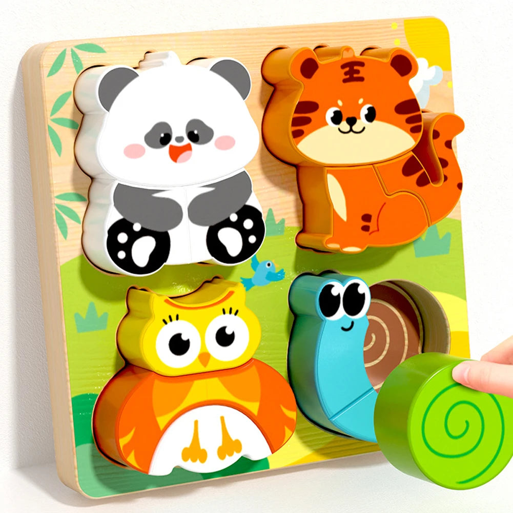 4-in-1 Wooden Toys 3D Wood Puzzle Cartoon Animals Cognitive Jigsaw Puzzle Early Learning Educational Toys For Children Gift -