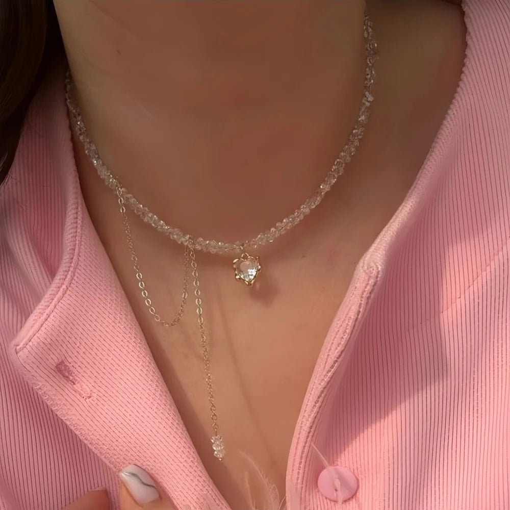 New Irregular Choker Vintage Tassels Zircon Heart Pendant Necklace For Women Female Geometric Baroque Transparent Crystal Cha