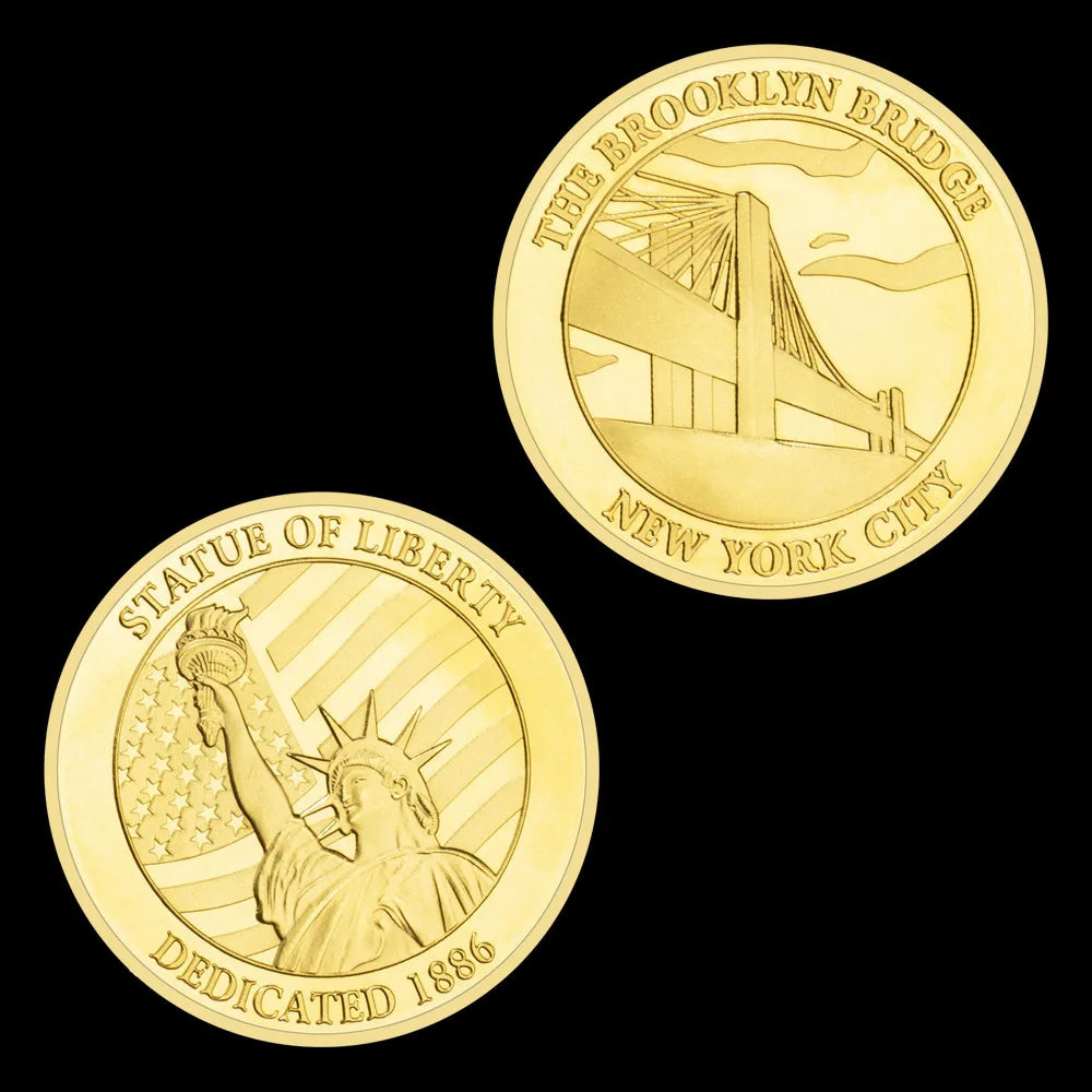 US Statue of Liberty Souvenir New York City The Brooklyn Bridge Pattern Golden Commemorative Coin Collectibles Liberty Coin -