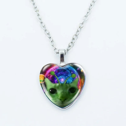 Cute Funny Rainbow Alien Cat Heart Pendant Necklace Animal Shape Art Photo Glass Cabochon Jewelry Children's And Women's - 11