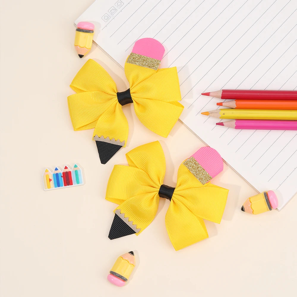 2Pcs Pencil Bow Hair Clips Cute Hairpins Kawaii Back To School Barrette For Girls Children Kids Headdress Headwear Accessorie