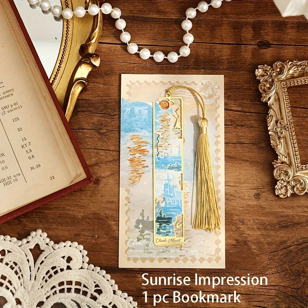 Vintage Oil Painting Metal Bookmarks - Hollow Hot Stamping Long Tassel Bookmarks - Stationery Gifts for Book Clubs, Book Love