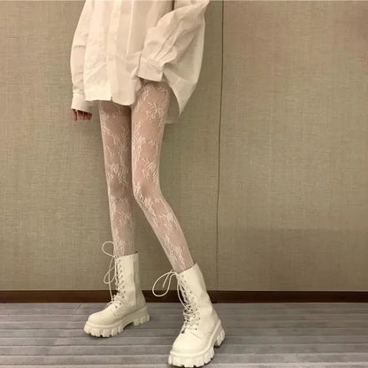 Women Sexy Black White Lolita Hollowed Lace Mesh Stockings Bottomed Pantyhose Japanese Goth Floral Rattan Fishnet Classic Tig