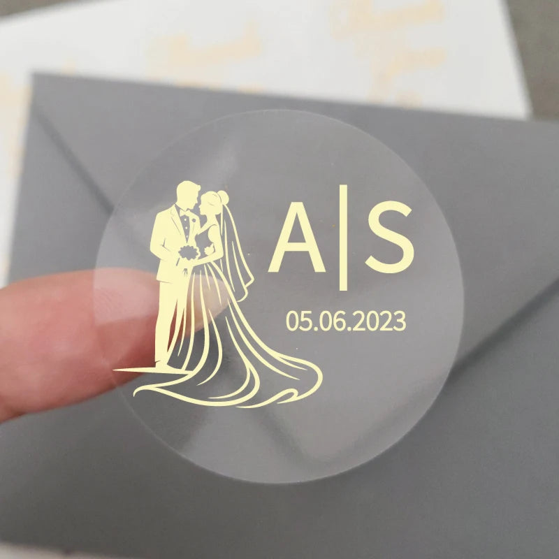 50 X Foiled Wedding Monogram Initials Stickers, Personalised Wedding Favour Labels, Custom Shiny Foil Gold Transparent
