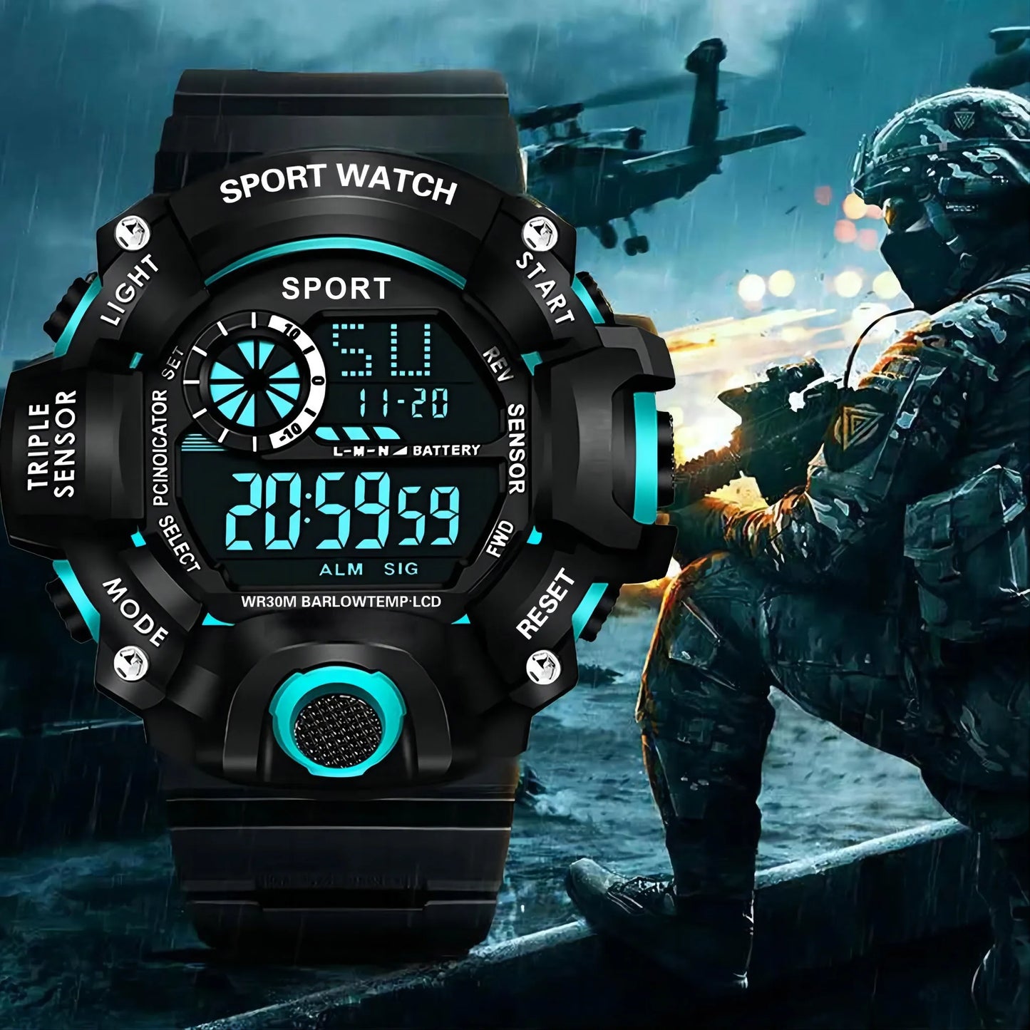 Fashion Men's Watch Sports Electronic Wristwatch Large dial Multifunctional Waterproof Luminous Alarm Kids Male's Military Wa