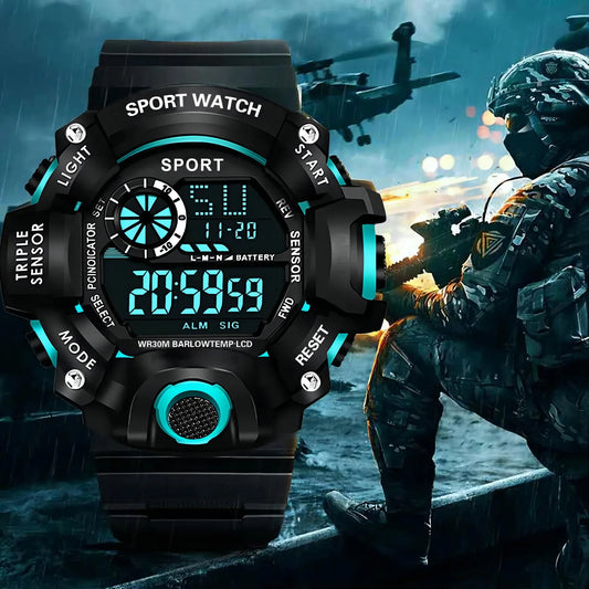 Fashion Men's Watch Sports Electronic Wristwatch Large dial Multifunctional Waterproof Luminous Alarm Kids Male's Military Wa