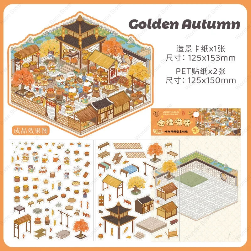 DIY Cartoon Cat Leisure Life in 4 Seasons Landscape Sticker 3D Pocket Cabin Scene Stacking Pasting Stickers Gift for Kid Chil