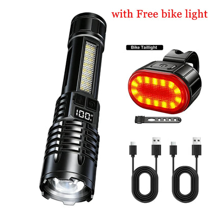 High Power LED Flashlights With Display Screen Zoom Tactical Torch Portable Rechargeable Lamp with Emergency Side Light Lante