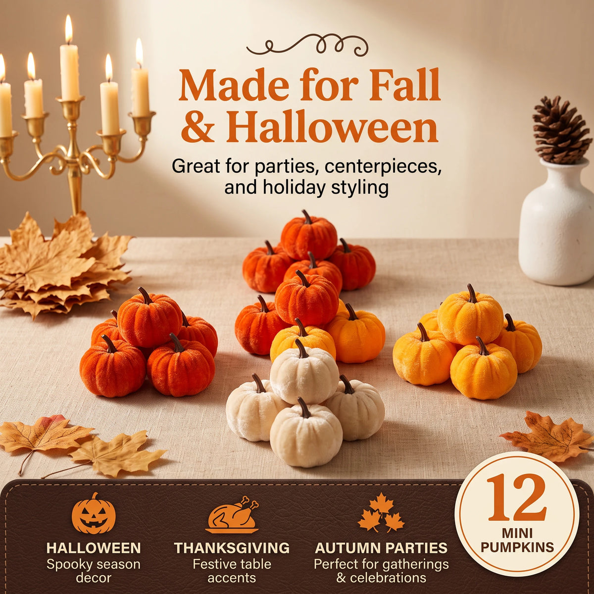12pcs Velvet Pumpkin Decoration for Halloween Autumn Home Decor Tabletop Garden Ornaments Ideal for Thanksgiving Harvest Part