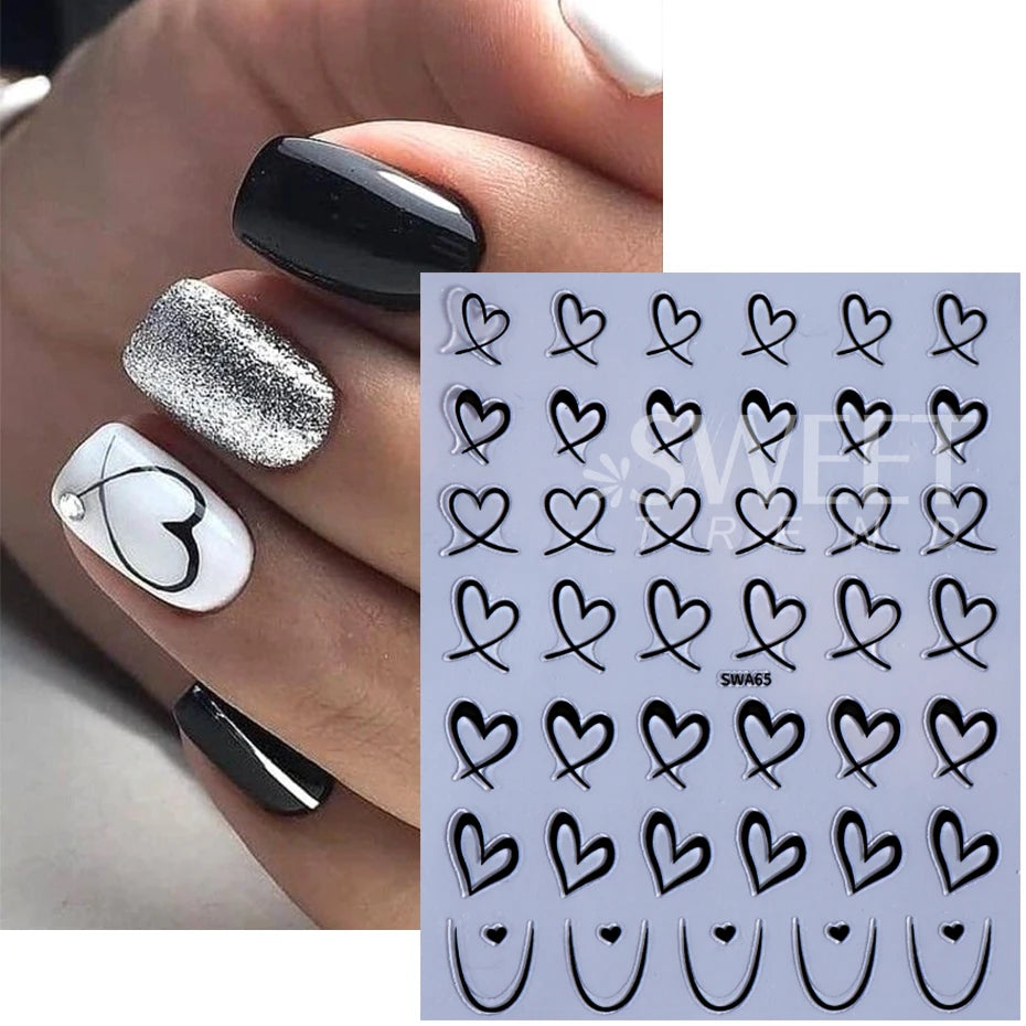 3pcs Valentine's Day Nail Art Stickers 3D Black White Pink Lines Love Heart Nail Decals DIY Adhesive Slider Manicure Decorati