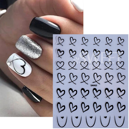 3pcs Valentine's Day Nail Art Stickers 3D Black White Pink Lines Love Heart Nail Decals DIY Adhesive Slider Manicure Decorati