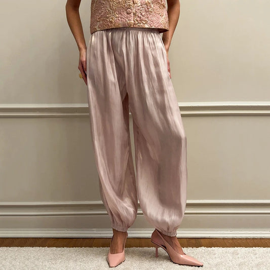 Linad Elegant Pink Crepe Loose Bloomers For Woman Street Chic Pleated Trousers Female Autumn Vintage High Waist Long Pants 20
