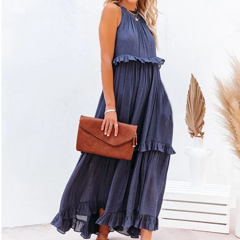 Lotus leaf edge dresses for women - Navy Blue / M