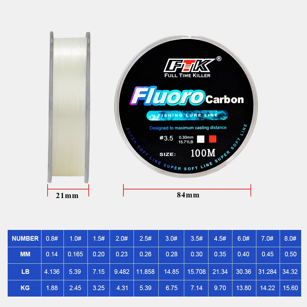 FTK 100M Fluorocarbon Coating Fishing Line 0.14mm-0.5mm 4.13LB-34.32LB Carbon Fiber Monofilament Line Carp Fishing Sinking Li