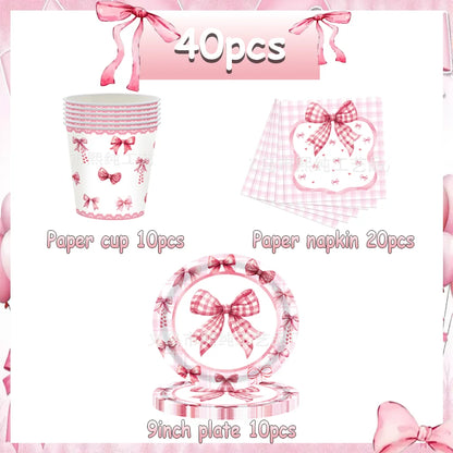 birthday party supplies, Pink Bow Birthday Party Set, personalized birthday decorations, custom birthday banner, party favors