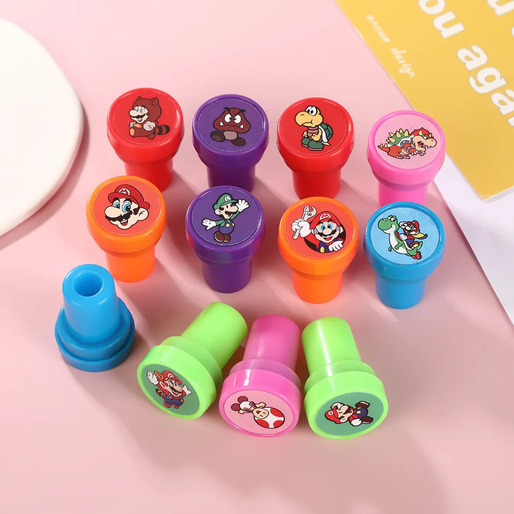 12PCS Super Marios Stamps for Kids Anime Action Figures Signet Teacher Stamp Reward Kids Accessory Children Classic Toys Gift