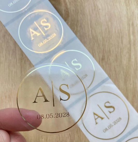 50 X Foiled Wedding Monogram Initials Stickers, Personalised Wedding Favour Labels, Custom Shiny Foil Gold Transparent