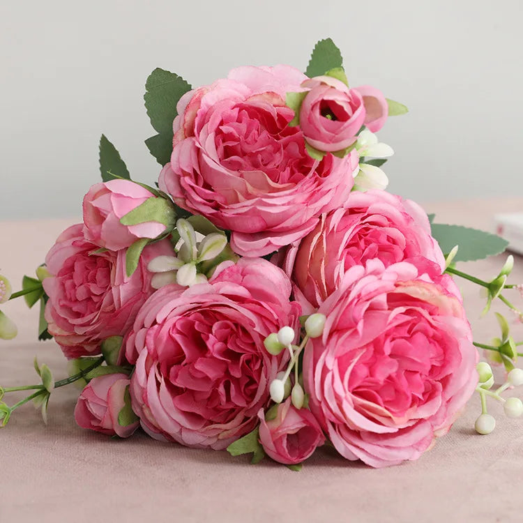 1pcs/30cm Rose Pink Silk Bouquet Peony Artificial Flower 5 Big Head 4 Small Bud Bride Wedding Home Decoration Artifi