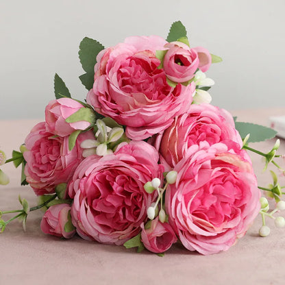 1pcs/30cm Rose Pink Silk Bouquet Peony Artificial Flower 5 Big Head 4 Small Bud Bride Wedding Home Decoration Artifi