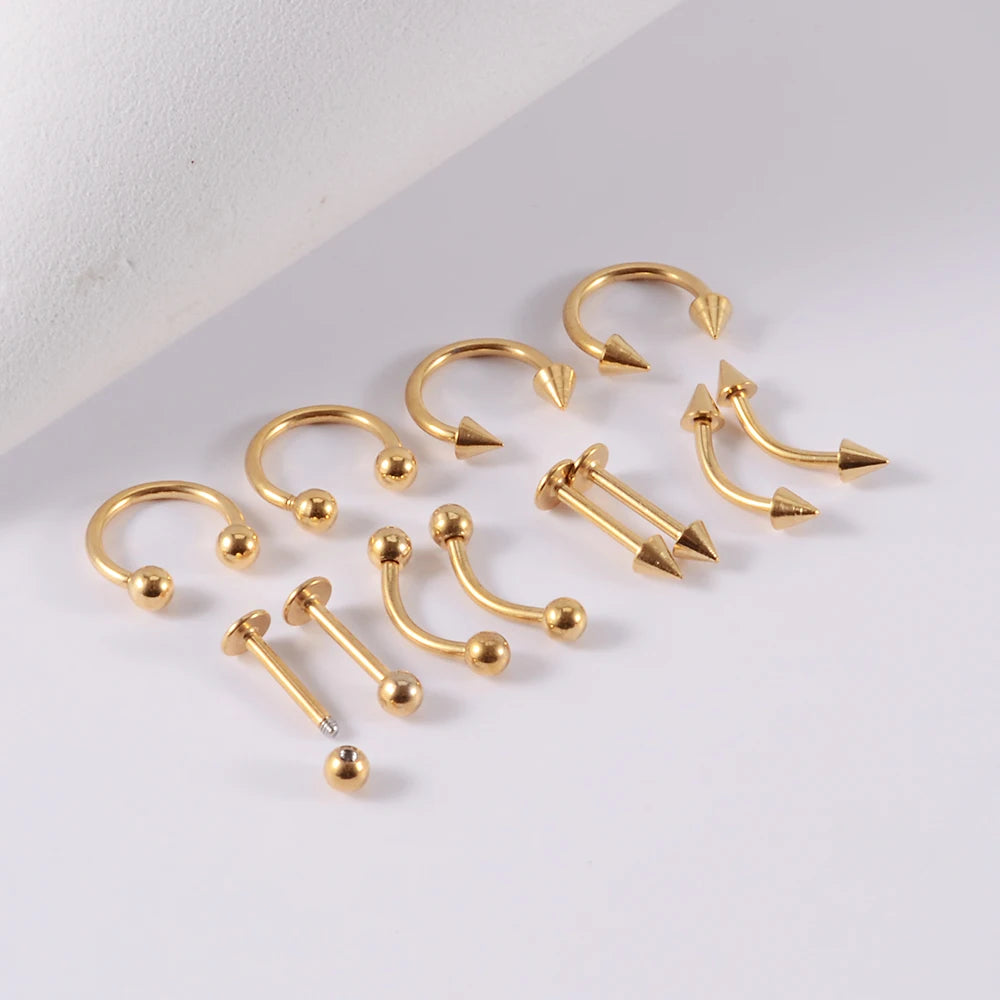 12pcs/Set Surgical Steel Silver Color Gold Plated Black Rainbow Ear Nose Eyebrow Labret Basic Piercing Jewelry Set 8mm
