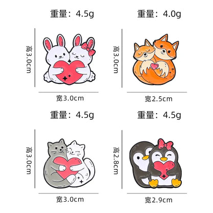 4PCS Cartoon Animal Heart Lovers Enamel Pin Creative Penguin Cat Rabbit Fox Metal Brooch Badge Backpack Clothing Hat Accessor