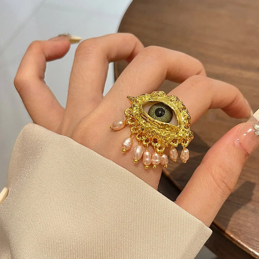 Aesthetic Vintage Devil's Eye Ring Tassels Imitated Pearl Glaze Ring Trendy Delicate Opening Finger Ring Party Favors