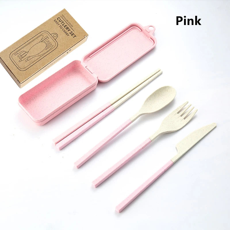 4Pcs Portable Tableware Set Wheat Straw Dinnerware Detachable Cutlery Travel Tableware Picnic Dinnerware Set Camping Cutlery 