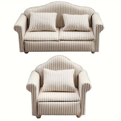 1: 12 Mini Furniture Sofa DIY Decoration Doll House Mini Furniture Living Room Furniture White Beige Sofa with Pillows