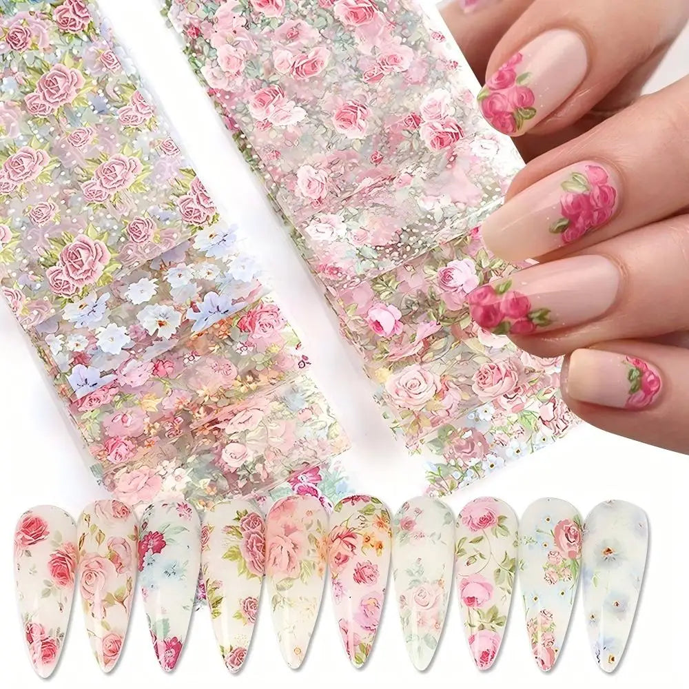 10PCS Mixed Nail Art Foils Transfer Sticker Set Rose Flower Designs Floral Starry Sky Nail Wraps Wedding Summer Manicure Deco